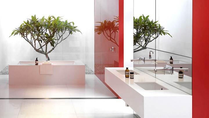 Red And White Design In Bathroom